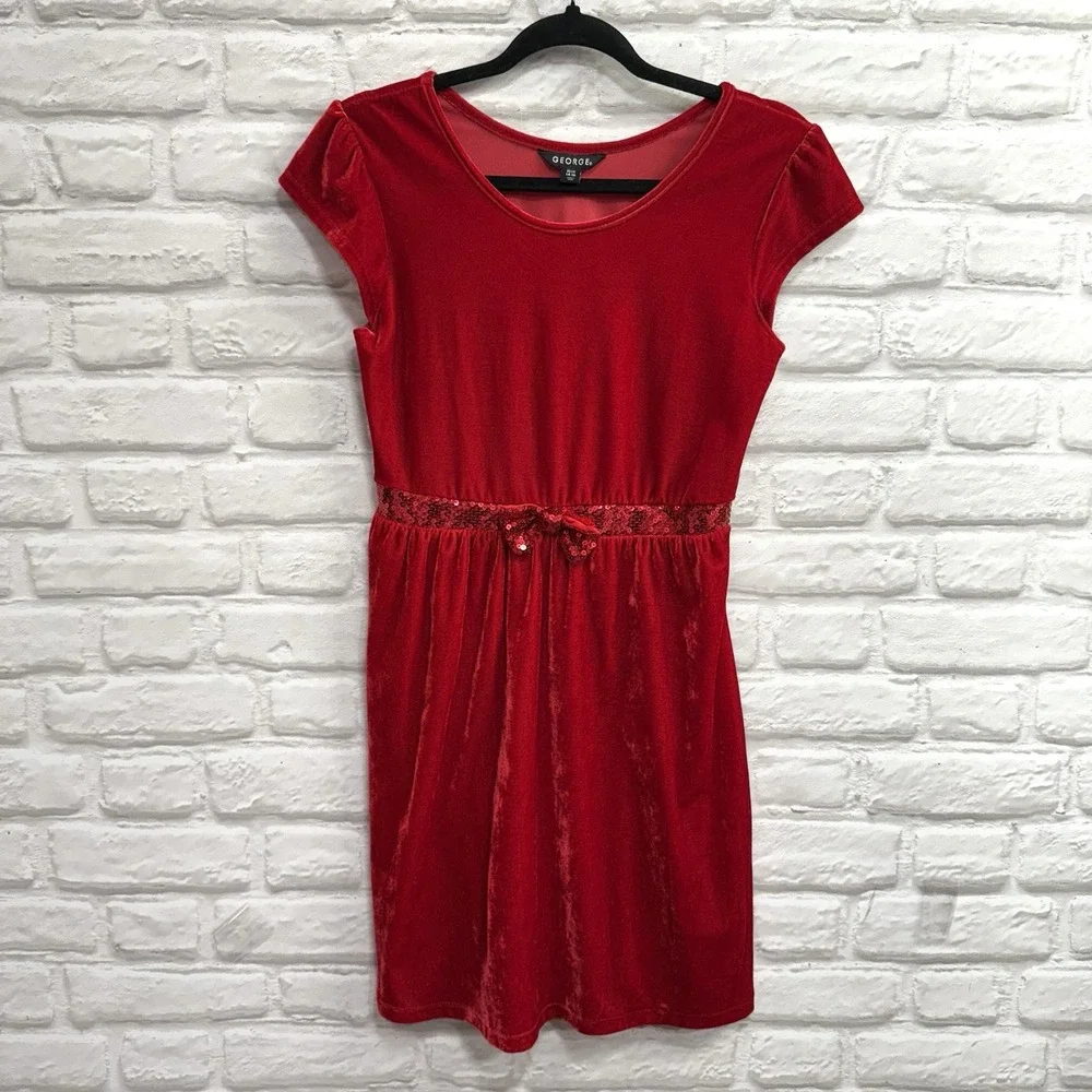 George Girls Sz 14/16 Red Velvet & Sequin Christmas Holiday Dress Formal  w/ Bow